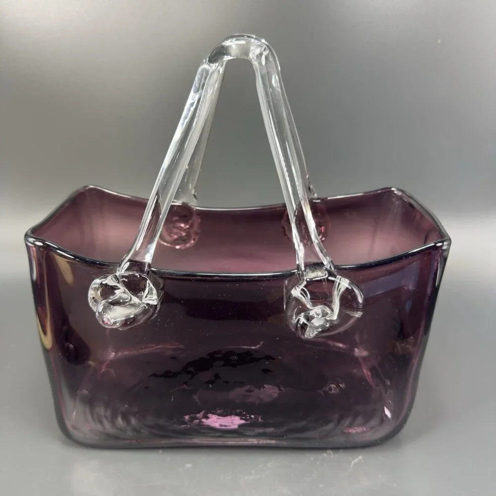 Vintage Amethyst Purple‎ Hand Blown Glass Purse Bowl Dish With Clear Handles VTG